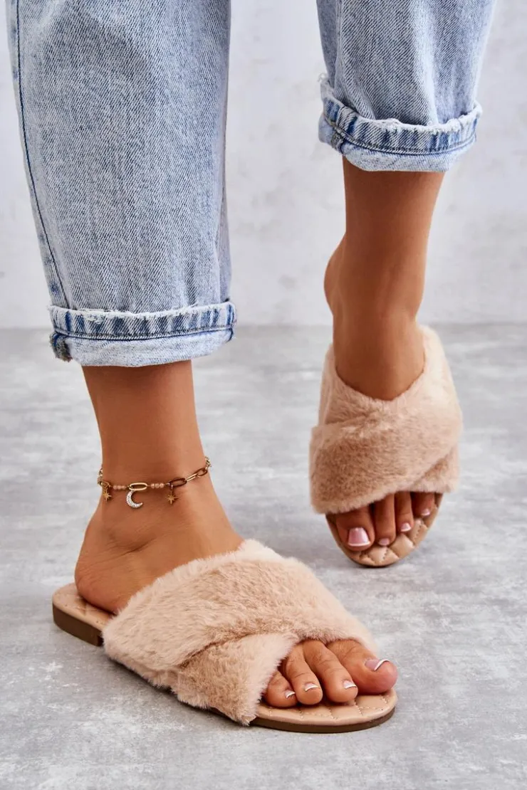 Boto Klapki Z Futerkiem|Klapki Damskie Klasyczne*Damskie Klapki Na Płaskim Obcasie Z Futerkiem Nude Lussie