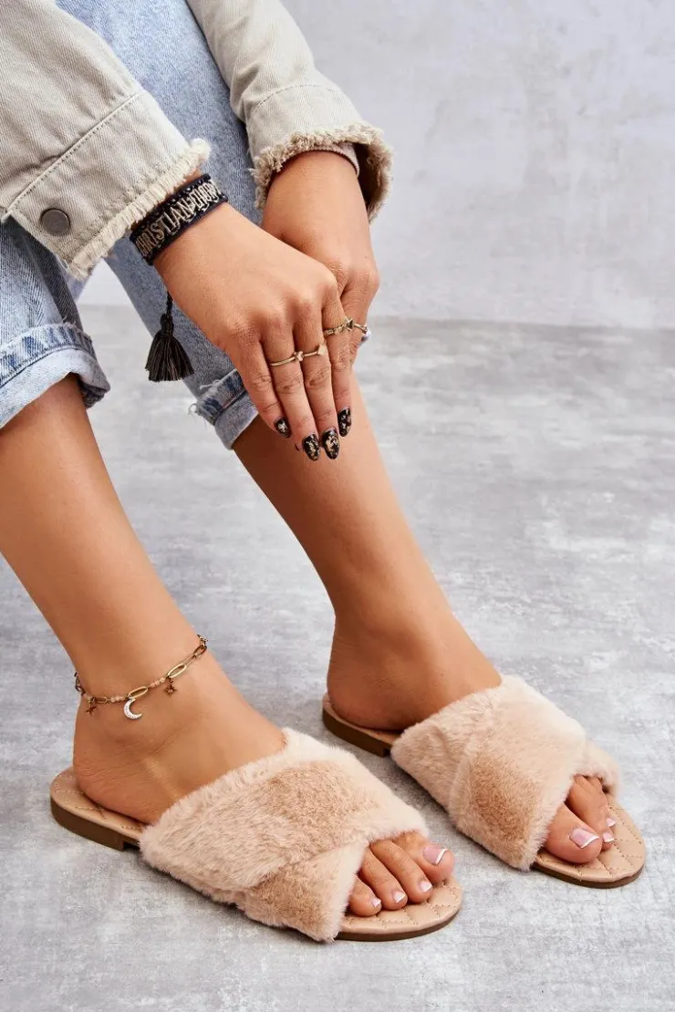 Boto Klapki Z Futerkiem|Klapki Damskie Klasyczne*Damskie Klapki Na Płaskim Obcasie Z Futerkiem Nude Lussie