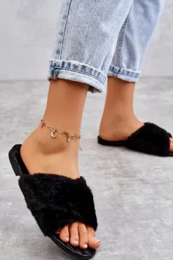 Hot Boto Damskie Klapki Na Płaskim Obcasie Z Futerkiem Czarne Lussie