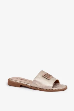 Damskie buty S.Barski Damskie Klapki Na Płaskim Obcasie Z Ozdobą S.Barski KV51-089 Złote