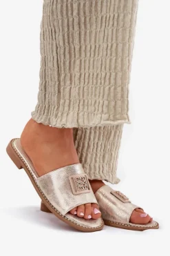 Damskie buty S.Barski Damskie Klapki Na Płaskim Obcasie Z Ozdobą S.Barski KV51-089 Złote