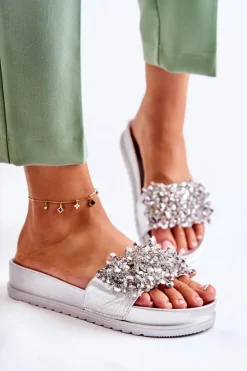 Boto Klapki Na Koturnie|Klapki Na Obcasie*Damskie Klapki Na Platformie Z Ozdobami Srebrne Almina
