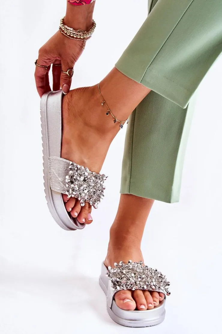 Boto Klapki Na Koturnie|Klapki Na Obcasie*Damskie Klapki Na Platformie Z Ozdobami Srebrne Almina