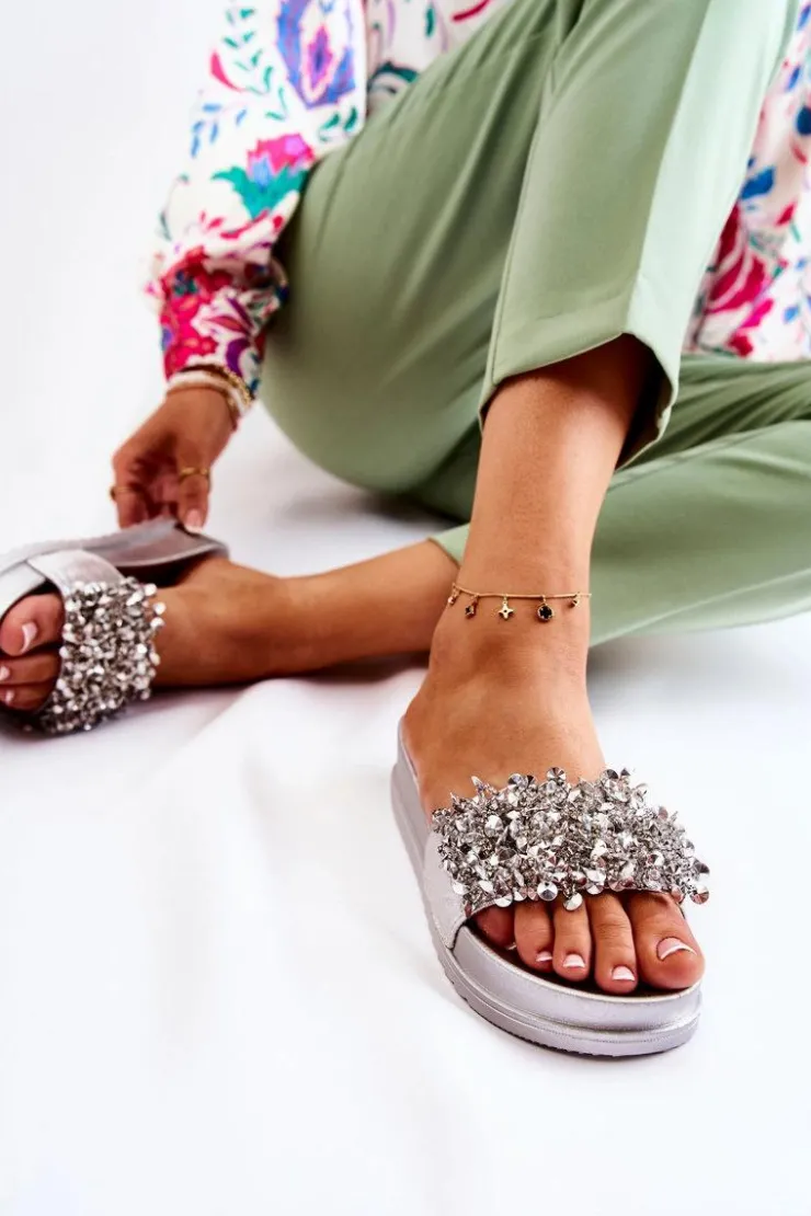 Boto Klapki Na Koturnie|Klapki Na Obcasie*Damskie Klapki Na Platformie Z Ozdobami Srebrne Almina