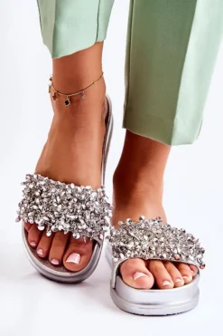 Boto Klapki Na Koturnie|Klapki Na Obcasie*Damskie Klapki Na Platformie Z Ozdobami Srebrne Almina