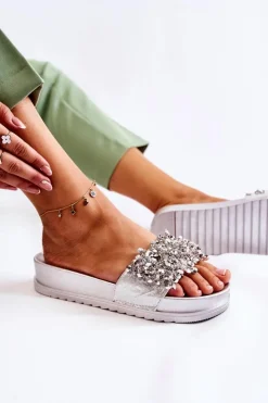 Boto Klapki Na Koturnie|Klapki Na Obcasie*Damskie Klapki Na Platformie Z Ozdobami Srebrne Almina