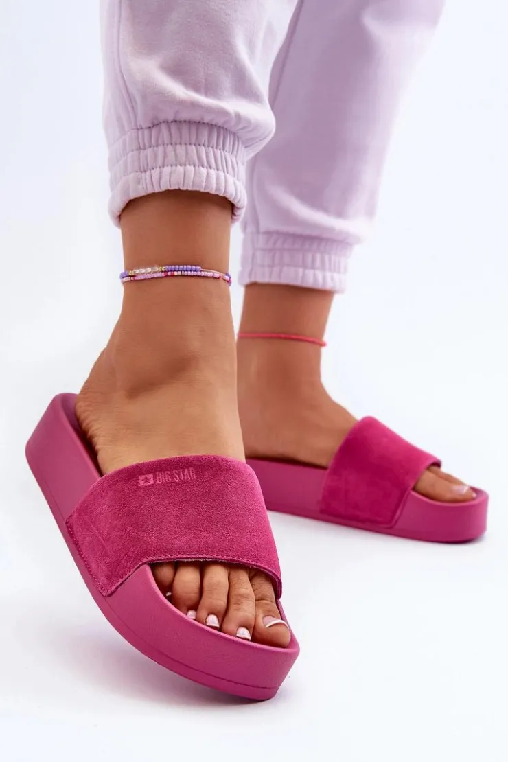 Big Star Shoes Klapki Damskie Big Star|Klapki Na Platformie*Damskie Klapki Na Platformie Zamszowe Big Star NN274A672 Fuksja Różowy