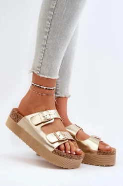 Damskie Boto Damskie Klapki Na Platformie Z Klamrami Złote Lolpey