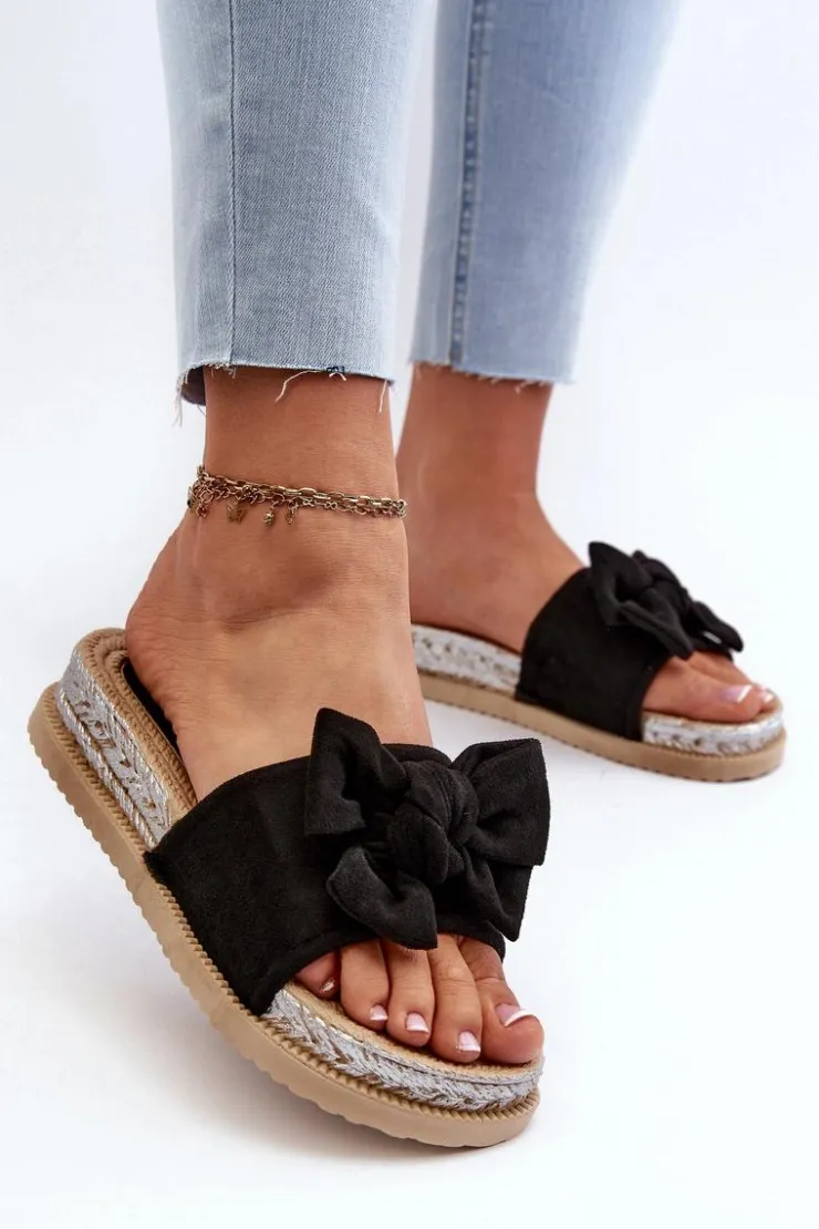 Damskie Boto Damskie Klapki Na Platformie Z Kokardą Czarne Aflia