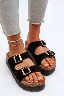 Damskie Boto Damskie Klapki Na Platformie Z Klamrami Czarne Lolpey