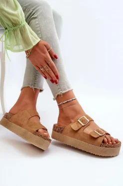 Hot Boto Damskie Klapki Na Platformie Z Klamrami Camel Lolpey