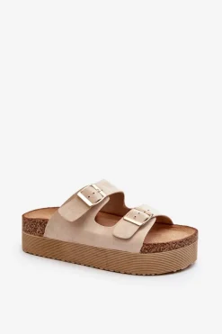 Hot Boto Damskie Klapki Na Platformie Z Klamrami Beżowe Lolpey Beżowy