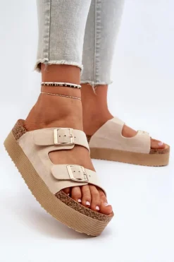 Hot Boto Damskie Klapki Na Platformie Z Klamrami Beżowe Lolpey Beżowy