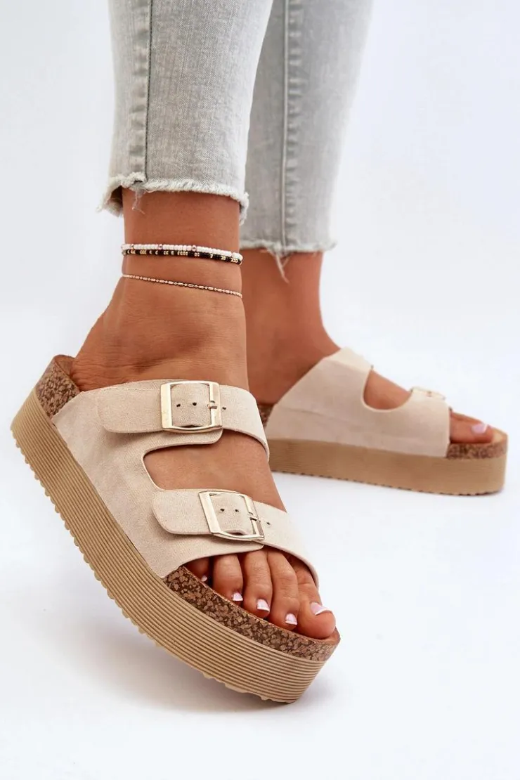 Hot Boto Damskie Klapki Na Platformie Z Klamrami Beżowe Lolpey Beżowy