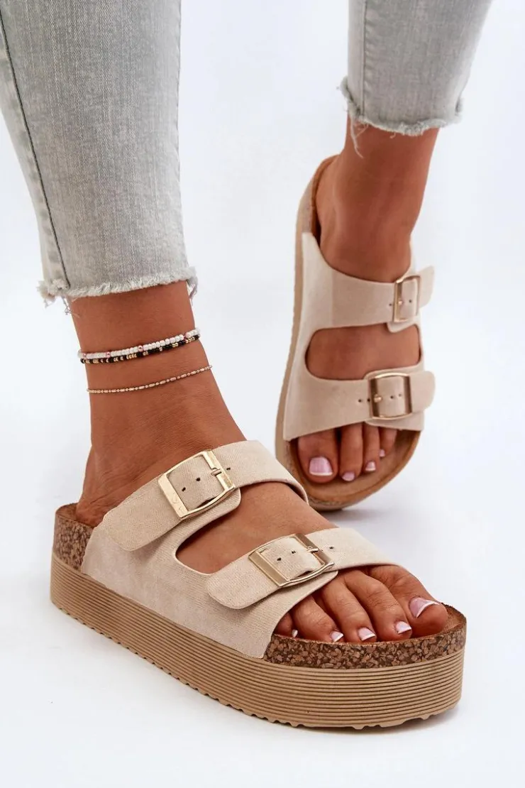 Hot Boto Damskie Klapki Na Platformie Z Klamrami Beżowe Lolpey Beżowy