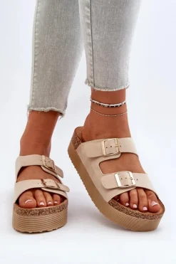 Hot Boto Damskie Klapki Na Platformie Z Klamrami Beżowe Lolpey Beżowy