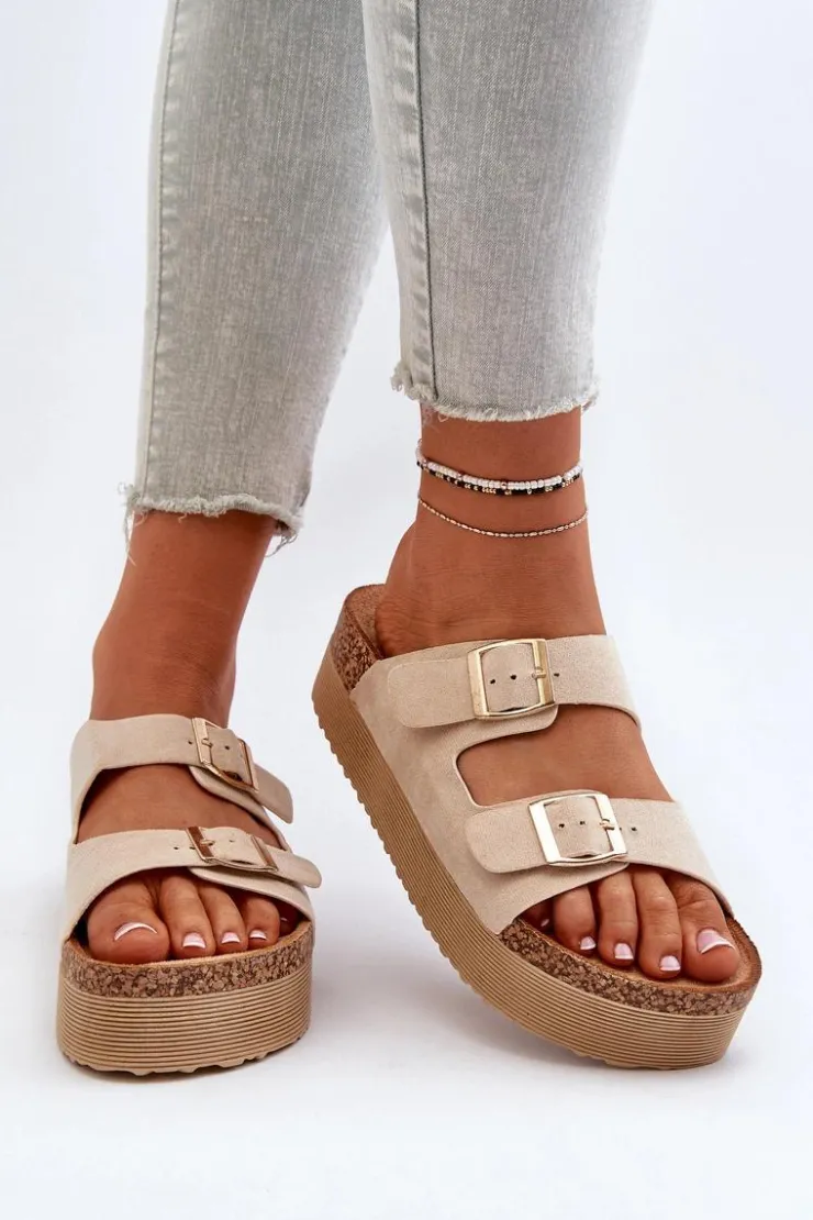 Hot Boto Damskie Klapki Na Platformie Z Klamrami Beżowe Lolpey Beżowy