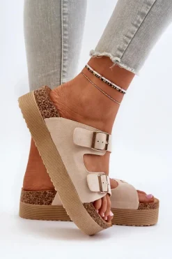 Hot Boto Damskie Klapki Na Platformie Z Klamrami Beżowe Lolpey Beżowy