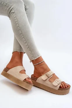 Hot Boto Damskie Klapki Na Platformie Z Klamrami Beżowe Lolpey Beżowy