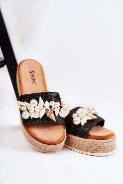 Boto Klapki Na Platformie|Klapki Damskie Klasyczne*Damskie Klapki Na Platformie Z Muszelkami Czarne Tolia