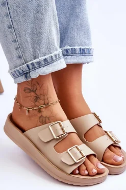 Damskie Boto Damskie Klapki Na Platformie Z Paskami Beżowe Clever