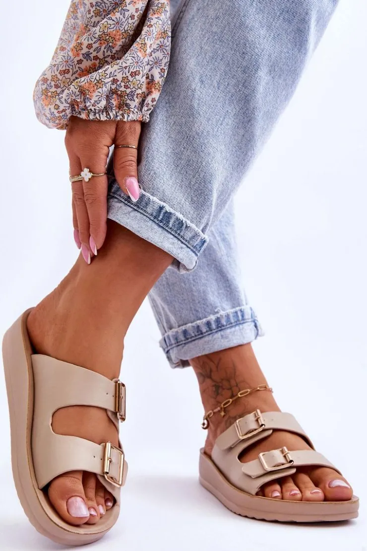 Damskie Boto Damskie Klapki Na Platformie Z Paskami Beżowe Clever