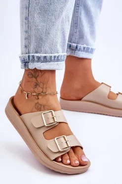 Damskie Boto Damskie Klapki Na Platformie Z Paskami Beżowe Clever