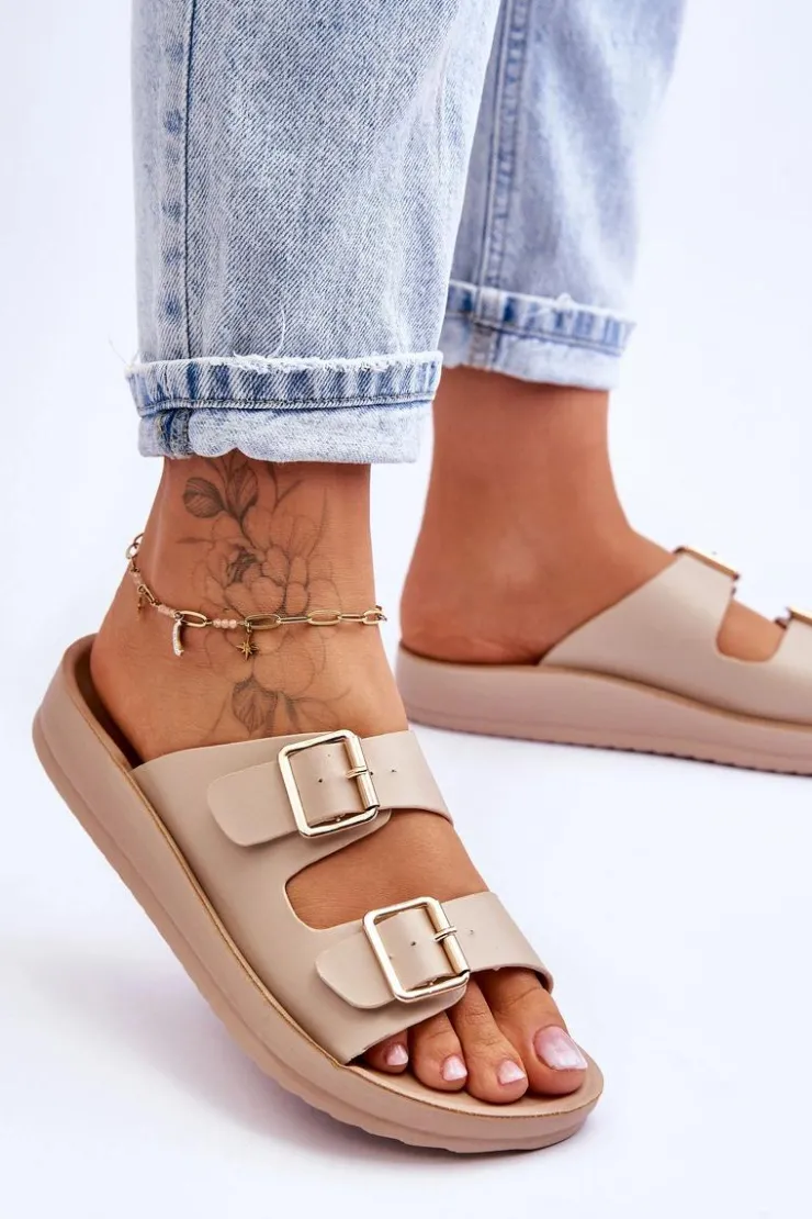 Damskie Boto Damskie Klapki Na Platformie Z Paskami Beżowe Clever