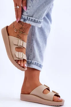 Damskie Boto Damskie Klapki Na Platformie Z Paskami Beżowe Clever