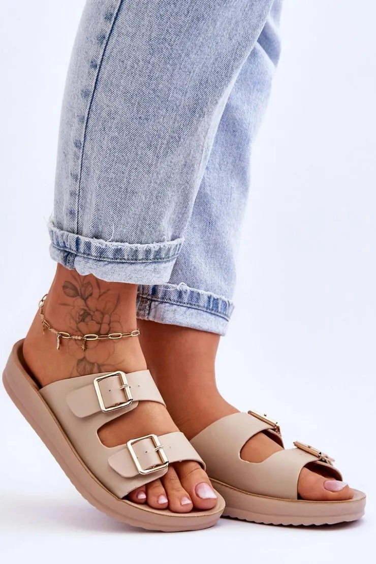 Damskie Boto Damskie Klapki Na Platformie Z Paskami Beżowe Clever