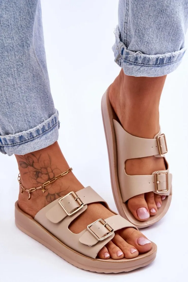 Damskie Boto Damskie Klapki Na Platformie Z Paskami Beżowe Clever