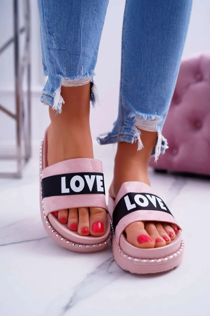 Sale Boto Damskie Klapki Na Platformie Z Dżetami Love Różowe MoreLove