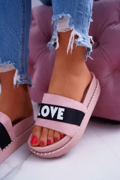 Sale Boto Damskie Klapki Na Platformie Z Dżetami Love Różowe MoreLove