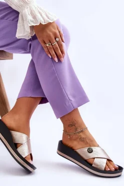 Sale Buty damskie Vinceza Damskie Klapki Na Platformie Z Ozdobą Złote Brooklyn