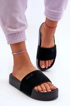 Outlet Big Star Shoes Damskie Klapki Na Platformie Zamszowe Big Star NN274A670 Czarne Czarny