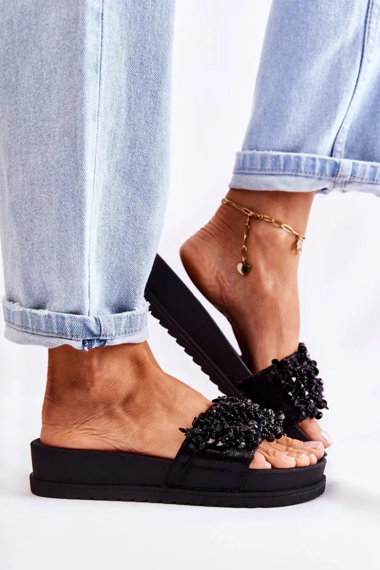 Boto Klapki Na Koturnie|Klapki Na Obcasie*Damskie Klapki Na Platformie Z Ozdobami Czarne Almina