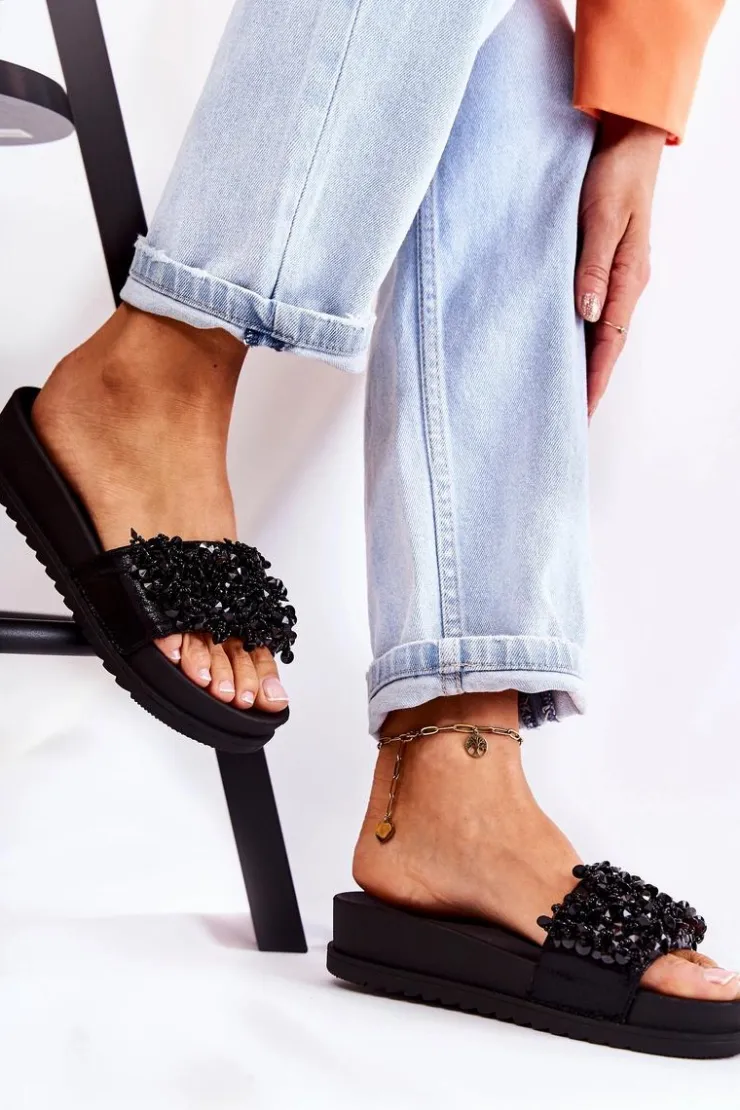 Boto Klapki Na Koturnie|Klapki Na Obcasie*Damskie Klapki Na Platformie Z Ozdobami Czarne Almina