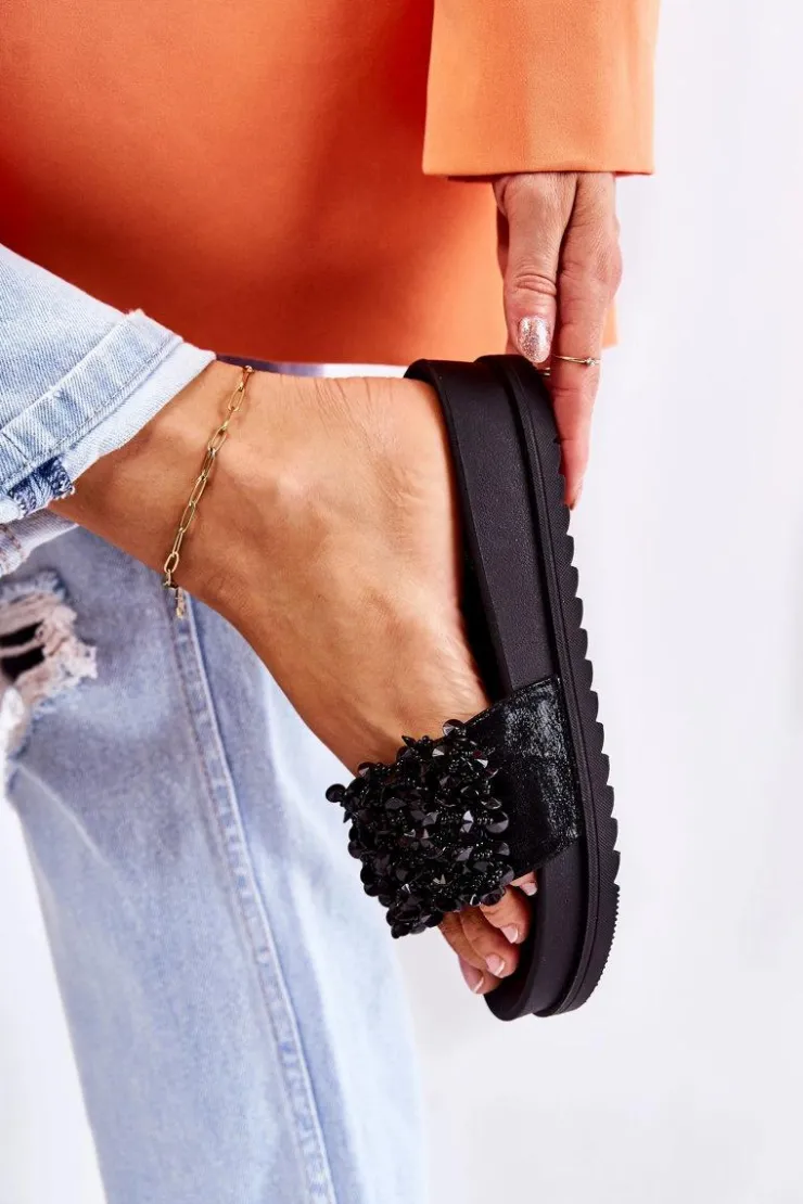 Boto Klapki Na Koturnie|Klapki Na Obcasie*Damskie Klapki Na Platformie Z Ozdobami Czarne Almina