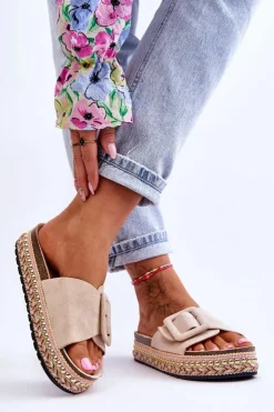 Damskie Boto Damskie Klapki Na Zdobionej Platformie Beżowe Joyce