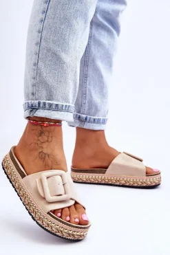 Damskie Boto Damskie Klapki Na Zdobionej Platformie Beżowe Joyce