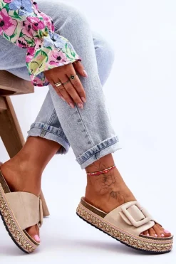 Damskie Boto Damskie Klapki Na Zdobionej Platformie Beżowe Joyce