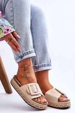 Damskie Boto Damskie Klapki Na Zdobionej Platformie Beżowe Joyce