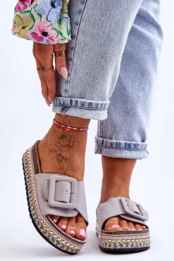 Boto Klapki Na Platformie*Damskie Klapki Na Zdobionej Platformie Szare Joyce