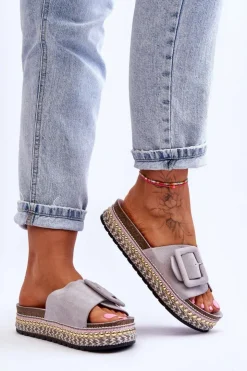 Boto Klapki Na Platformie*Damskie Klapki Na Zdobionej Platformie Szare Joyce