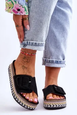 Boto Klapki Na Platformie*Damskie Klapki Na Zdobionej Platformie Czarne Joyce