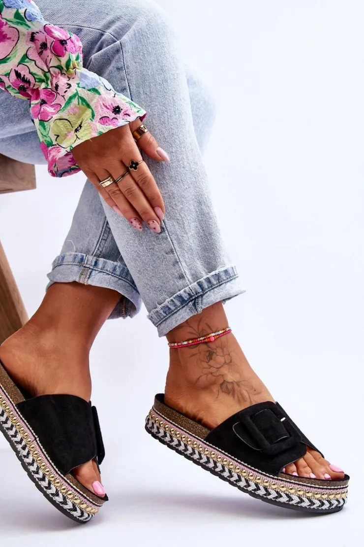 Boto Klapki Na Platformie*Damskie Klapki Na Zdobionej Platformie Czarne Joyce