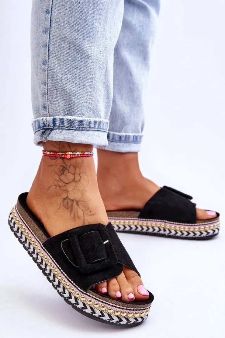 Boto Klapki Na Platformie*Damskie Klapki Na Zdobionej Platformie Czarne Joyce