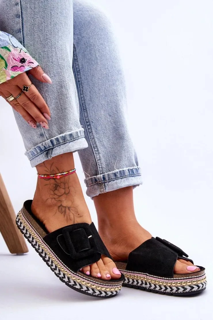 Boto Klapki Na Platformie*Damskie Klapki Na Zdobionej Platformie Czarne Joyce