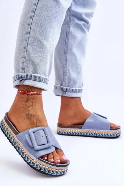 Outlet Boto Damskie Klapki Na Zdobionej Platformie Niebieskie Joyce