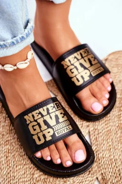 Clearance Boto Damskie Klapki Never Give Up Złote Czarne